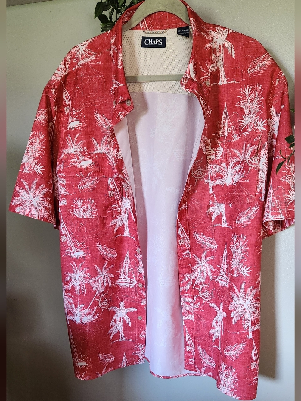 Chaps Red and White Tropical Print Short Sleeve Button-Down Shirt